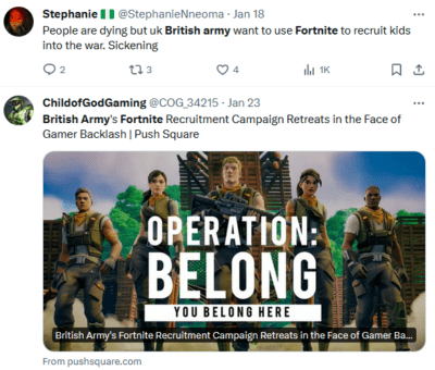 Screenshot of X Tweets criticising the British Army promotion in popular online game Fortnite.