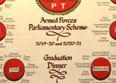 Screenshot of the seating arrangement for the 2021 Armed Forces Parliamentary Scheme graduation dinner. It shows six tables around which are seats MPs, ministers, military top brass and representatives from some of the worlds largest arms companies.