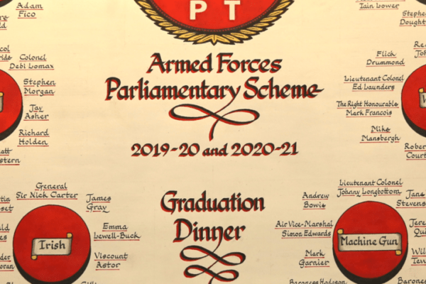 Screenshot of the seating arrangement for the 2021 Armed Forces Parliamentary Scheme graduation dinner. It shows six tables around which are seats MPs, ministers, military top brass and representatives from some of the worlds largest arms companies.