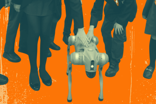robot dog with school pupils