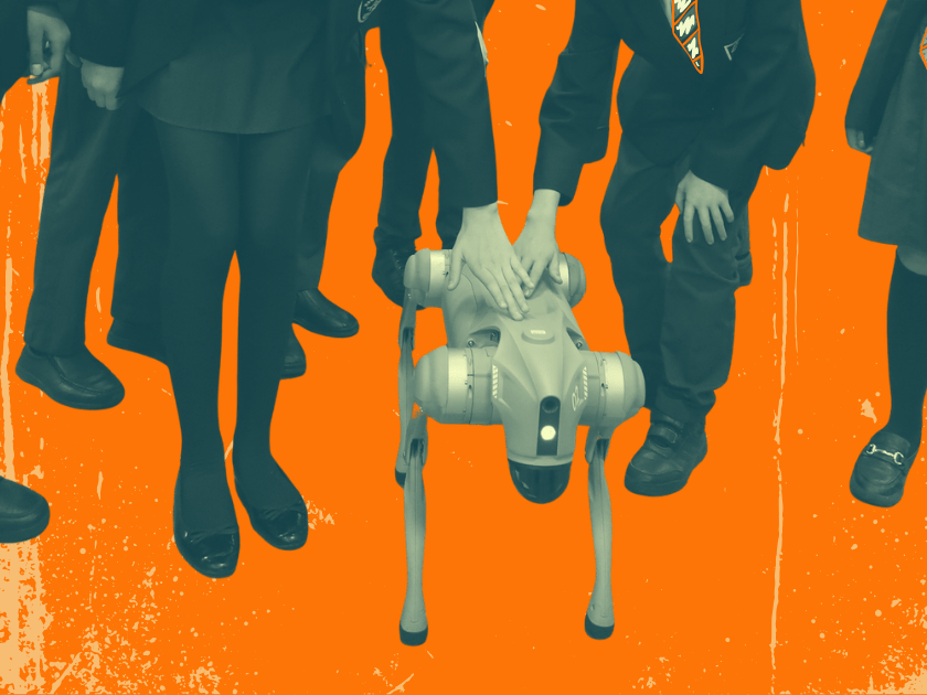 robot dog with school pupils
